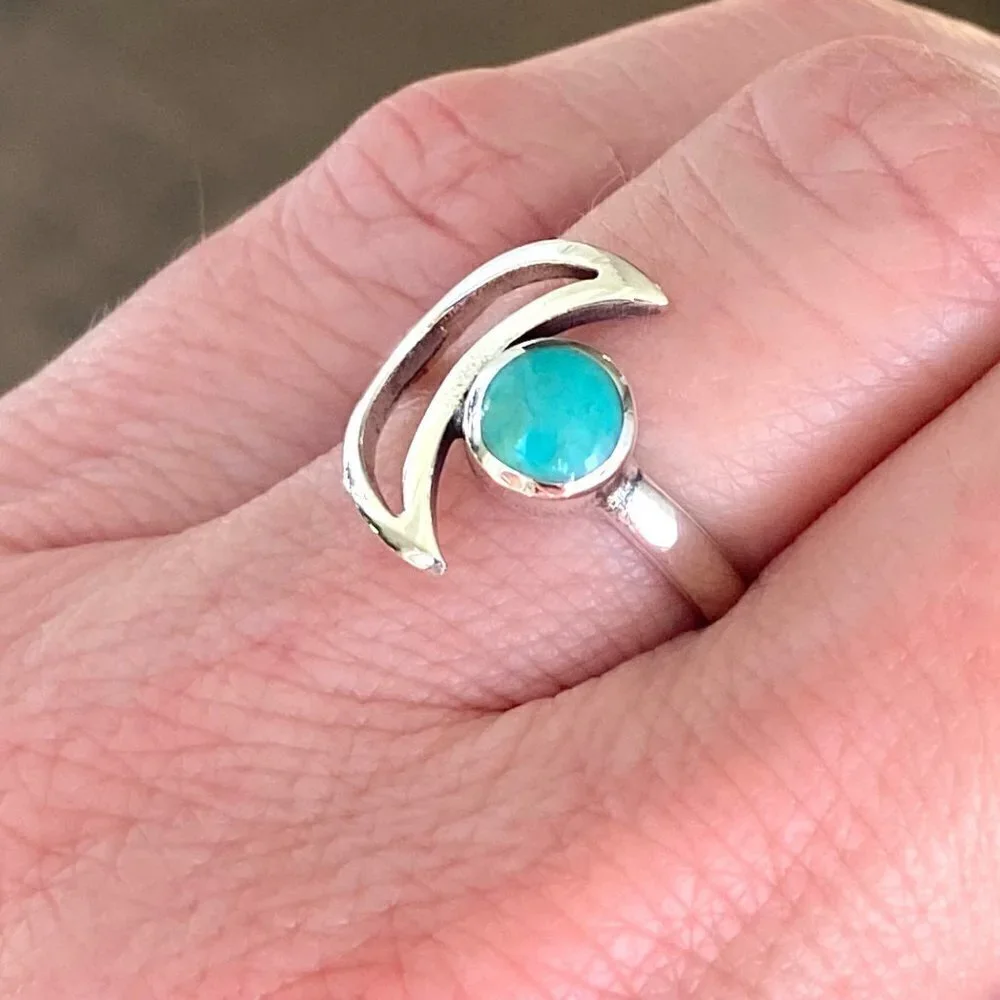 Sterling Silver 925 Thai Crescent Moon Round Turquoise Celestial Ring Sz 6.5 NEW
